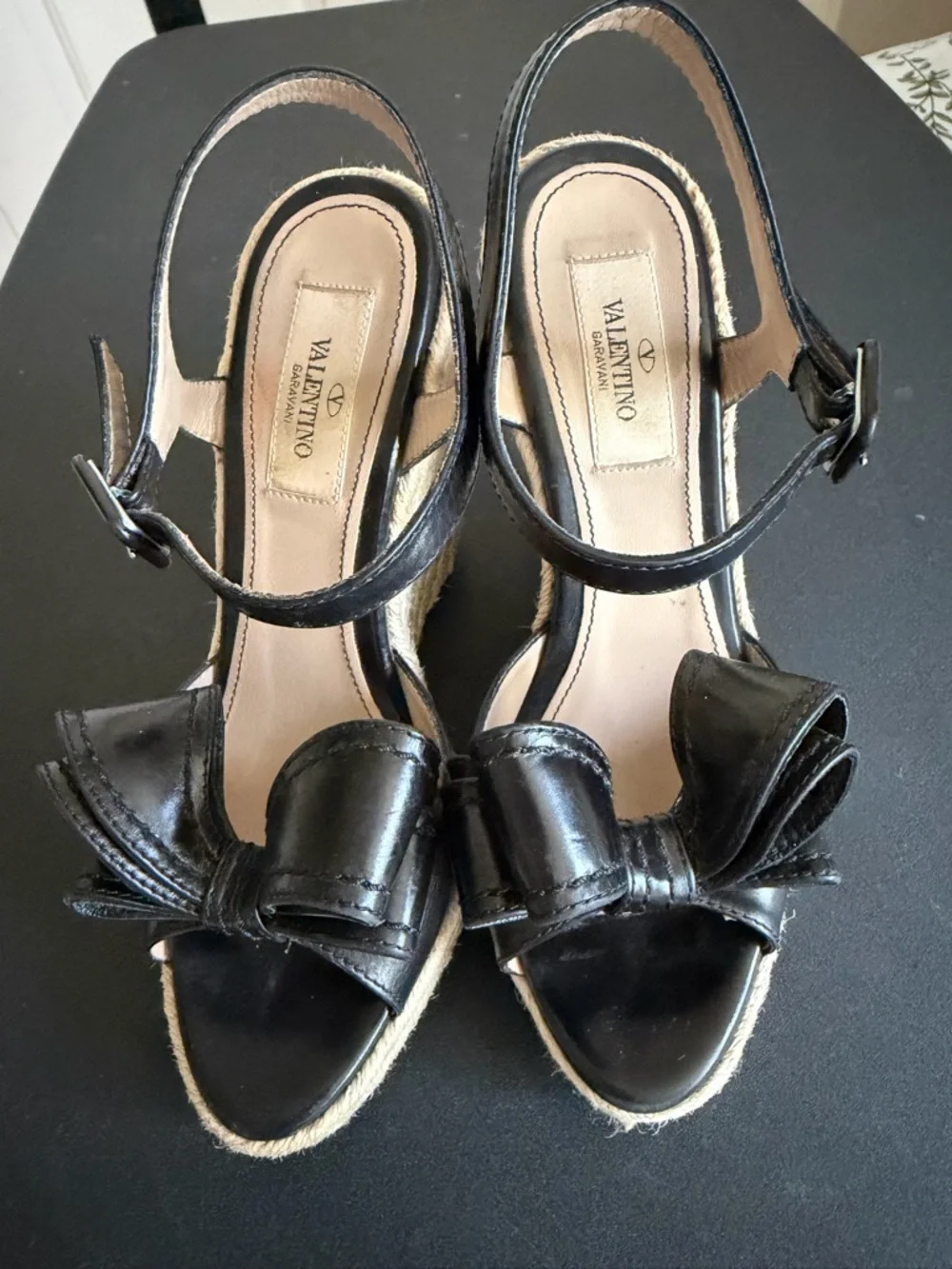 Valentino Garavani Black Leather Bow Espadrille Wedge Sandals Ankle Strap Sz 35 - Picture 3 of 12